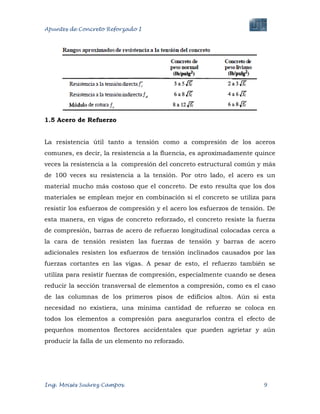 Apuntes de Concreto Reforzado I
Ing. Moisés Suárez Campos. 9
1.5 Acero de Refuerzo
La resistencia útil tanto a tensión como a compresión de los aceros
comunes, es decir, la resistencia a la fluencia, es aproximadamente quince
veces la resistencia a la compresión del concreto estructural común y más
de 100 veces su resistencia a la tensión. Por otro lado, el acero es un
material mucho más costoso que el concreto. De esto resulta que los dos
materiales se emplean mejor en combinación si el concreto se utiliza para
resistir los esfuerzos de compresión y el acero los esfuerzos de tensión. De
esta manera, en vigas de concreto reforzado, el concreto resiste la fuerza
de compresión, barras de acero de refuerzo longitudinal colocadas cerca a
la cara de tensión resisten las fuerzas de tensión y barras de acero
adicionales resisten los esfuerzos de tensión inclinados causados por las
fuerzas cortantes en las vigas. A pesar de esto, el refuerzo también se
utiliza para resistir fuerzas de compresión, especialmente cuando se desea
reducir la sección transversal de elementos a compresión, como es el caso
de las columnas de los primeros pisos de edificios altos. Aún si esta
necesidad no existiera, una mínima cantidad de refuerzo se coloca en
todos los elementos a compresión para asegurarlos contra el efecto de
pequeños momentos flectores accidentales que pueden agrietar y aún
producir la falla de un elemento no reforzado.
 