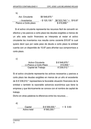 APUNTES CONTABILIDAD V CPC JOSE LUIS BEJARANO ROJAS
b)
Act. Circulante
– Inventarios
$6´648,870.*
- $ 125,130.* $6´523,740.* = $15.87
Pasivo a Corto plazo $ 410,858.*
Si el activo circulante representa los recursos fácil de convertir en
efectivo y los pasivos a corto plazo las deudas exigibles a menos de
un año esta razón financiera se interpreta al restar el activo
circulante los inventarios nos resulta como cociente $15.87 lo cual
quiere decir que por cada peso de deuda a corto plazo la entidad
cuenta con un disponible de 15.87 para afrontar sus compromisos a
corto plazo.
c)
Activo Circulante $ 6´648,870.*
(-) Pasivo a Corto Plazo 410,858.*
Capital de Trabajo 6´238,012.*
Si el activo circulante representa los activos necesarios y pasivos a
corto plazo las deudas exigibles en menos de un año el excedente
de $ 6´238,012.* representara la favorable situación financiera de la
entidad o también la razonable solvencia económica que tiene la
empresa y que técnicamente se conoce con el nombre de capital de
trabajo.
Dicho en otras palabras la diferencia entre los recursos….
d)
Capital $ 6´000,000.* = $ 0.63
Activo total 9´583,350.*
UMSNH
31
 