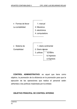 APUNTES CONTABILIDAD V CPC JOSE LUIS BEJARANO ROJAS
• Formas de llevar 1. manual
La contabilidad 2. Mecánico
3. electrónica
4. computadora
• Sistema de 1. diario continental
Contabilidad 2. Diario tabular
3. pólizas a) diario
b) Ingresos
c) Egresos
CONTROL ADMINISTRATIVO: es aquel que tiene como
objetivo, la promoción de la eficiencia en la promoción para que la
ejecución de las operaciones que realiza el personal estén
adheridas a las políticas implantada por la entidad.
OBJETIVO PRINCIPAL DE CONTROL INTERNO
UMSNH
44
 