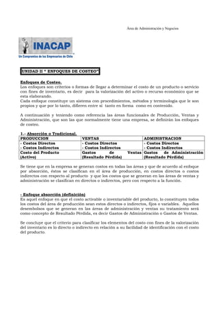 Área de Administración y Negocios 
UNIDAD II “ ENFOQUES DE COSTEO” 
Enfoques de Costeo. 
Los enfoques son criterios o formas de llegar a determinar el costo de un producto o servicio 
con fines de inventario, es decir para la valorización del activo o recurso económico que se 
esta elaborando. 
Cada enfoque constituye un sistema con procedimientos, métodos y terminología que le son 
propios y que por lo tanto, difieren entre sí tanto en forma como en contenido. 
A continuación y teniendo como referencia las áreas funcionales de Producción, Ventas y 
Administración, que son las que normalmente tiene una empresa, se definirán los enfoques 
de costeo. 
1.- Absorción o Tradicional. 
PRODUCCION VENTAS ADMINISTRACION 
- Costos Directos 
- Costos Directos 
- Costos Directos 
- Costos Indirectos 
- Costos Indirectos 
- Costos Indirectos 
Costo del Producto 
(Activo) 
Gastos de Ventas 
(Resultado Pérdida) 
Gastos de Administración 
(Resultado Pérdida) 
Se tiene que en la empresa se generan costos en todas las áreas y que de acuerdo al enfoque 
por absorción, éstos se clasifican en el área de producción, en costos directos o costos 
indirectos con respecto al producto y que los costos que se generan en las áreas de ventas y 
administración se clasifican en directos o indirectos, pero con respecto a la función. 
- Enfoque absorción (definición) 
Es aquel enfoque en que el costo activable o inventariable del producto, lo constituyen todos 
los costos del área de producción sean estos directos o indirectos, fijos o variables. Aquellos 
desembolsos que se generan en las áreas de administración y ventas su tratamiento será 
como concepto de Resultado Pérdida, es decir Gastos de Administración o Gastos de Ventas. 
Se concluye que el criterio para clasificar los elementos del costo con fines de la valorización 
del inventario es lo directo o indirecto en relación a su facilidad de identificación con el costo 
del producto. 
 
