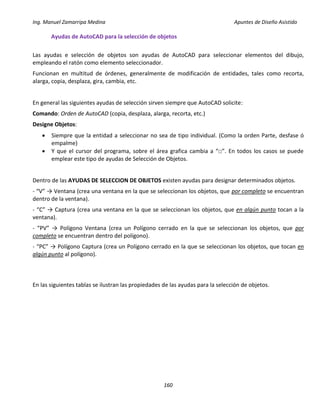 Ing. Manuel Zamarripa Medina Apuntes de Diseño Asistido
160
Ayudas de AutoCAD para la selección de objetos
Las ayudas e selección de objetos son ayudas de AutoCAD para seleccionar elementos del dibujo,
empleando el ratón como elemento seleccionador.
Funcionan en multitud de órdenes, generalmente de modificación de entidades, tales como recorta,
alarga, copia, desplaza, gira, cambia, etc.
En general las siguientes ayudas de selección sirven siempre que AutoCAD solicite:
Comando: Orden de AutoCAD (copia, desplaza, alarga, recorta, etc.)
Designe Objetos:
 Siempre que la entidad a seleccionar no sea de tipo individual. (Como la orden Parte, desfase ó
empalme)
 Y que el cursor del programa, sobre el área grafica cambia a “□”. En todos los casos se puede
emplear este tipo de ayudas de Selección de Objetos.
Dentro de las AYUDAS DE SELECCION DE OBJETOS existen ayudas para designar determinados objetos.
- “V” → Ventana (crea una ventana en la que se seleccionan los objetos, que por completo se encuentran
dentro de la ventana).
- “C” → Captura (crea una ventana en la que se seleccionan los objetos, que en algún punto tocan a la
ventana).
- “PV” → Polígono Ventana (crea un Polígono cerrado en la que se seleccionan los objetos, que por
completo se encuentran dentro del polígono).
- “PC” → Polígono Captura (crea un Polígono cerrado en la que se seleccionan los objetos, que tocan en
algún punto al polígono).
En las siguientes tablas se ilustran las propiedades de las ayudas para la selección de objetos.
 