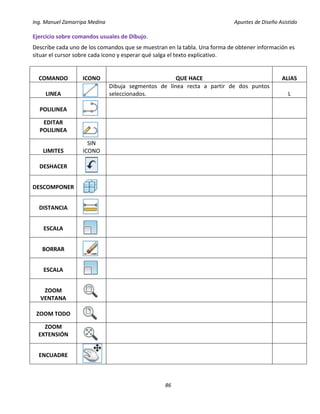 Ing. Manuel Zamarripa Medina Apuntes de Diseño Asistido
86
Ejercicio sobre comandos usuales de Dibujo.
Describe cada uno de los comandos que se muestran en la tabla. Una forma de obtener información es
situar el cursor sobre cada icono y esperar qué salga el texto explicativo.
COMANDO ICONO QUE HACE ALIAS
LINEA
Dibuja segmentos de línea recta a partir de dos puntos
seleccionados. L
POLILINEA
EDITAR
POLILINEA
LIMITES
SIN
ICONO
DESHACER
DESCOMPONER
DISTANCIA
ESCALA
BORRAR
ESCALA
ZOOM
VENTANA
ZOOM TODO
ZOOM
EXTENSIÓN
ENCUADRE
 