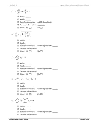 Modulo I y II Apuntes del Curso de Ecuaciones Diferenciales Ordinarias
Profesor: Edis Alberto Flores Página 12 de 62
5) s
ds
dt
st
ds
td
s  2
2
2
 Orden: _____
 Grado: _____
 Función desconocida o variable dependiente: _____
 Variable independiente: _______
 Lineal Sí No
6) 





 2
2
1
dx
yd
dx
dy
 Orden: _____
 Grado: _____
 Función desconocida o variable dependiente: _____
 Variable independiente: _______
 Lineal Sí No
7) 12
2
2
 y
dy
xd
y
 Orden: _____
 Grado: _____
 Función desconocida o variable dependiente: _____
 Variable independiente: _______
 Lineal Sí No
8)
 
034243
 yyxyxyx
 Orden: _____
 Grado: _____
 Función desconocida o variable dependiente: _____
 Variable independiente: _______
 Lineal Sí No
9) 02
4
3
3






 y
dx
dy
dx
yd
x
 Orden: _____
 Grado: _____
 Función desconocida o variable dependiente: _____
 Variable independiente: _______
 