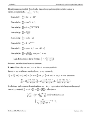 Modulo I y II Apuntes del Curso de Ecuaciones Diferenciales Ordinarias
Profesor: Edis Alberto Flores Página 24 de 62
Ejercicios propuestos (3): Resuelva las siguientes ecuaciones diferenciales usando la
sustitución adecuada. ∫ ( )
Ejercicio (1) ( )
Ejercicio (2) ( )
Ejercicio (3) √
Ejercicio (4)
Ejercicio (5) ( )
Ejercicio (6)
Ejercicio (7) ( ) ( )
Ejercicio (8) ( )
1.3.2. Ecuaciones de la forma: ( )
Para esta ecuación estudiaremos dos casos.
I. caso: Si
Entonces sus pendientes son iguales esto es si :
entonces:
( ) ( ) (
[ ]
)
Por lo tanto podemos usar la sustitución y procedemos de la misma forma del
caso 1.3.1. , es decir ( ) entonces
( ) ( )
∫
( )
 