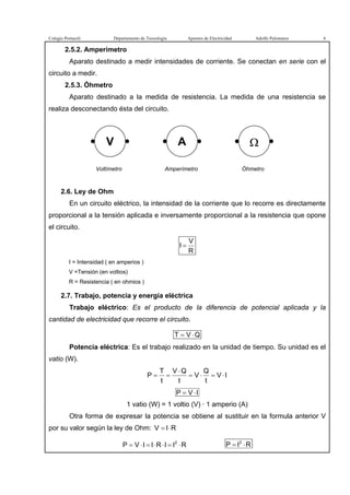 Colegio Portaceli Departamento de Tecnología Apuntes de Electricidad Adolfo Palomares 6
2.5.2. Amperímetro
Aparato destinado a medir intensidades de corriente. Se conectan en serie con el
circuito a medir.
2.5.3. Óhmetro
Aparato destinado a la medida de resistencia. La medida de una resistencia se
realiza desconectando ésta del circuito.
2.6. Ley de Ohm
En un circuito eléctrico, la intensidad de la corriente que lo recorre es directamente
proporcional a la tensión aplicada e inversamente proporcional a la resistencia que opone
el circuito.
R
V
I =
I = Intensidad ( en amperios )
V =Tensión (en voltios)
R = Resistencia ( en ohmios )
2.7. Trabajo, potencia y energía eléctrica
Trabajo eléctrico: Es el producto de la diferencia de potencial aplicada y la
cantidad de electricidad que recorre el circuito.
QVT ⋅=
Potencia eléctrica: Es el trabajo realizado en la unidad de tiempo. Su unidad es el
vatio (W).
IV
t
Q
V
t
QV
t
T
P ⋅=⋅=
⋅
==
IVP ⋅=
1 vatio (W) = 1 voltio (V) · 1 amperio (A)
Otra forma de expresar la potencia se obtiene al sustituir en la formula anterior V
por su valor según la ley de Ohm: RIV ⋅=
RIIRIIVP 2
⋅=⋅⋅=⋅= RIP 2
⋅=
V A Ω
Voltímetro Amperímetro Óhmetro
 