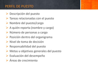PERFIL DE PUESTO
 Descripción del puesto
 Tareas relacionadas con el puesto
 Nombre del puesto/cargo
 A quién reporta (nombre y cargo)
 Número de personas a cargo
 Posición dentro del organigrama
 Nivel de toma de decisión
 Responsabilidad del puesto
 Metas u objetivos generales del puesto
 Evaluación del desempeño
 Áreas de crecimiento
 