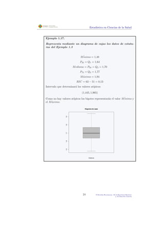 Estad´ıstica en Ciencias de la Salud
Ejemplo 1.17.
Representa mediante un diagrama de cajas los datos de estatu-
ras del Ejemplo 1.3
M´inimo = 1,48
P25 = Q1 = 1,64
Mediana = P50 = Q2 = 1,70
P75 = Q3 = 1,77
M´aximo = 1,94
RIC = 63 − 51 = 0,13
Intervalo que determinar´a los valores at´ıpicos:
(1,445, 1,965)
Como no hay valores at´ıpicos los bigotes representar´an el valor M´inimo y
el M´aximo.
1.51.61.71.81.9
Diagrama de cajas
Estaturas
24 P.Botella-Rocamora, M.A.Mart´ınez-Beneito
y M.Alacr´eu Garc´ıa
 