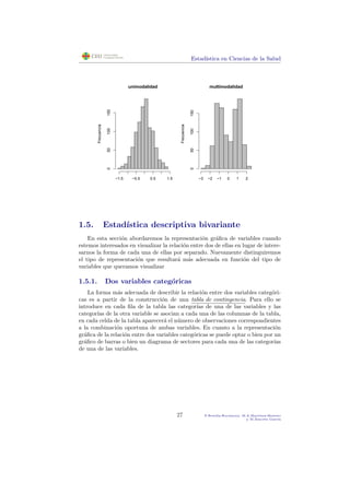 Estad´ıstica en Ciencias de la Salud
unimodalidad
Frecuencia
−1.5 −0.5 0.5 1.5
050100150
multimodalidad
Frecuencia
−3 −2 −1 0 1 2
050100150
1.5. Estad´ıstica descriptiva bivariante
En esta secci´on abordaremos la representaci´on gr´aﬁca de variables cuando
estemos interesados en visualizar la relaci´on entre dos de ellas en lugar de intere-
sarnos la forma de cada una de ellas por separado. Nuevamente distinguiremos
el tipo de representaci´on que resultar´a m´as adecuada en funci´on del tipo de
variables que queramos visualizar
1.5.1. Dos variables categ´oricas
La forma m´as adecuada de describir la relaci´on entre dos variables categ´ori-
cas es a partir de la construcci´on de una tabla de contingencia. Para ello se
introduce en cada ﬁla de la tabla las categor´ıas de una de las variables y las
categor´ıas de la otra variable se asocian a cada una de las columnas de la tabla,
en cada celda de la tabla aparecer´a el n´umero de observaciones correspondientes
a la combinaci´on oportuna de ambas variables. En cuanto a la representaci´on
gr´aﬁca de la relaci´on entre dos variables categ´oricas se puede optar o bien por un
gr´aﬁco de barras o bien un diagrama de sectores para cada una de las categor´ıas
de una de las variables.
27 P.Botella-Rocamora, M.A.Mart´ınez-Beneito
y M.Alacr´eu Garc´ıa
 