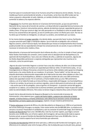 10
El primer paso en la evolución hacia el ser humano actual fue el descenso de los árboles. Tal vez, a
medida que fueron aumentando de tamaño, a los primates, se les hizo más difícil andar por las
ramas y pasaron a descender al suelo. Además, un cambio climático hizo disminuir la selva y
aumentar la sabana y los espacios abiertos.
El bipedismo fue el primer paso decisivo en el proceso de hominización, ya que eso permitió la
liberación de las manos de la función de caminar, y el desarrollo de la capacidad técnica humana y de
su inteligencia. Construir instrumentos precisa, además de destreza manual, capacidad de pensar en
medio y fines. Si hay que construir algo, tan sólo pensando en su finalidad es como se puede idear la
forma y las características del aparato, ya sea el cuchillo para cortar o la flecha para cazar. Por eso se
ha dicho que el hombre es inteligente, no sólo por su cerebro, sino también por sus manos.
En las manos destaca el pulgar oponible a los demás dedos, que permite hacer la pinza, facilitando
una gran precisión para coger y manipular objetos (ya se trate de un bolígrafo o de un bisturí).
Algunos autores, como Francisco Ayala, han destacado que incluso el comportamiento ético humano
puede proceder de esa capacidad de anticipar las consecuencias de una acción, lo que se deriva de
reconocer el vínculo entre medios y fines.
Naturalmente, el proceso de hominización duró millones de años, y no fue ni simple ni lineal, porque
faltan fósiles intermedios de conexión, como sucede entre la desaparición de Ramapithecus y la
aparición del Autralopithecus hace unos seis millones de años, y además en ocasiones, algunos de
los fósiles disponibles pertenecen a especies extinguidas que representan vías muertas en la
evolución, como los parántropos.
Algunos de estos homínidos llegaron a convivir hace unos dos millones de años con el denominado
“homo habilis”, especie ya humana con capacidad para fabricar útiles. El matrimonio Laeky, en sus
investigaciones en Olduvai (Tanzania), encontró los primeros útiles tallados sobre guijarros (chopping
tools) junto a los restos fósiles de sus creadores. En principio, “homo habilis” no fue más que una
etiqueta destinada al desconocido responsable de la fabricación de estos útiles tallados en sílex. Este
ya no pudo ser un Australopithecus, debido a su pequeño cerebro de solo unos 500 centímetros
cúbicos de capacidad craneal. Por el contrario, el homo habilis tenía ya unos 700 centímetros
cúbicos, y en él se había formado ya el área de Broca, responsable del lenguaje. Los Australopithecus
sí fueron en cambio, los primeros en caminar erguidos, como lo demuestra la estructura de su pelvis
– más ancha que la de los póngidos, como el gorila o el chimpancé – la posición central del agujero
occipital en su cabeza, y la curvatura de la columna vertebral, para distribuir mejor el peso del cuerpo
sobre las extremidades inferiores. Pero estos no tenían ninguna industria lítica como el homo habilis.
A partir de los descubrimientos de Atapuerca (Burgos) se ha reconstruido el proceso de
hominización, y hoy sabemos que, a partir del homo habilis, surgieron por evolución el homo
ergaster, el homo erectus y el homo antecessor; este último fue el ancestro común al hombre de
Neanderthal y al homo sapiens de Cromagnon, especie a la que nosotros pertenecemos.
El homo antecessor provenía de África y ha sido descubierto en Atapuerca en 1994 en el yacimiento
de la Gran Dolina por Arsuaga y su equipo. Estos restos tenían más de 800.000 años. La estatura era
cercana a la actual. Practicaban el canibalismo y aún no conocían el control del fuego. De él derivó el
hombre de Neanderthal hace unos 130.000 años. Este fue el primer sapiens, que llegó a convivir
durante unos 10.000 años con el homo sapiens de Cromagnon, del que desciende toda la especie
humana actual, ya que el hombre de Neanderthal desapareció hace unos 30.000 años. Con su
desaparición, nuestra especie fue el único homínido que sobrevivió.
El hombre de Neanderthal debió de tener piel clara, a diferencia del hombre de Cromagnon, por la
diferencia en la radiación solar entre Europa y África. (Se ha deducido que era de piel clara, porque
 