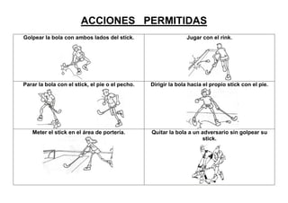 ACCIONES PERMITIDAS
Golpear la bola con ambos lados del stick.                      Jugar con el rink.




Parar la bola con el stick, el pie o el pecho.   Dirigir la bola hacia el propio stick con el pie.




   Meter el stick en el área de portería.        Quitar la bola a un adversario sin golpear su
                                                                      stick.
 