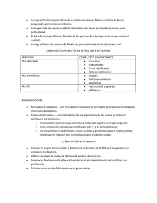 La migración lateral generalmente es obstaculizada por fallas y cambios de facies
         provocados por la misma tectónica.
         La mayoría de las cuencas están tectonizadas y las rocas acarreadoras tienen poca
         profundidad.
         El área de drenaje define el tamaño de los yacimientos. A mayor área mayor volumen
         captado.
         La migración en las cuencas de México es principalmente vertical (sub-vertical).

                      COMPUESTOS PRESENTES EN PETROLEOS Y BITÚMENES

FRACCIÓN                                          COMPUESTOS IMPORTANTES
HCs saturados                                          N-alcanos
                                                       Isopranoides
                                                       Otros ramificados
                                                       Cíclicos (nafténicos)
HCs aromáticos                                         Simples
                                                       Naftenoaromáticos
                                                       policíclicos
No HCs                                                 resinas (NSO o polares)
                                                       asfaltenos


BIOMARCADORES:

         Marcadores biológicos.---son marcadores moleculares derivados de precursores biológicos
         (moléculas biológicas).
         Fósiles moleculares.----son indicadores de los organismos de los cuales se formó el
         petróleo o los bitúmenes.
             o Compuestos químicos cuya estructura molecular sugiere un origen orgánico.
             o Con compuestos complejos constituidos por H2 y C, principalmente.
             o Se encuentran en sedimentos, rocas y aceites y presentan poco o ningún cambio
                 molecular en relación con las moléculas que les dieron origen.

                                  Los biomarcadores sirven para:

         Conocer el origen de los aceites y bitúmenes en función de la MO que los generó y su
         ambiente de depósito.
         Definir el estado de madurez térmica de aceites y bitúmenes.
         Reconocer fenómenos de alteración posteriores al emplazamiento de los HCs en un
         yacimiento.
         Correlacionar aceites-bitúmenes-rocas generadoras.
 