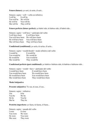 Futuro (future): yo seré, tú serás, él será...

Sintaxis: sujeto + will + verbo en infinitivo
I will be       It will be
Y...