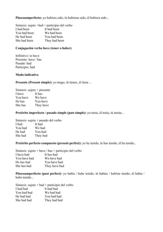 Pluscuamperfecto: yo hubiera sido, tú hubieras sido, él hubiera sido...

Sintaxis: sujeto +had + participio del verbo
I ha...