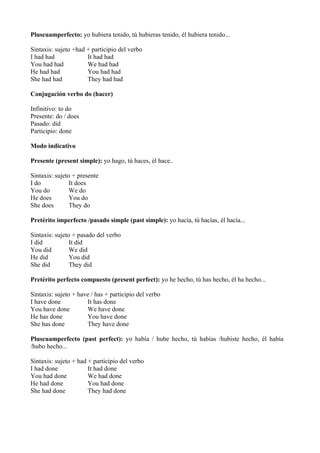 Pluscuamperfecto: yo hubiera tenido, tú hubieras tenido, él hubiera tenido...

Sintaxis: sujeto +had + participio del verb...
