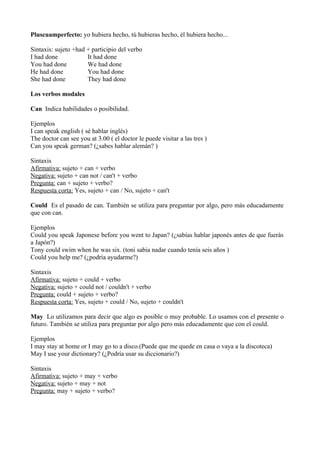 Pluscuamperfecto: yo hubiera hecho, tú hubieras hecho, él hubiera hecho...

Sintaxis: sujeto +had + participio del verbo
I...