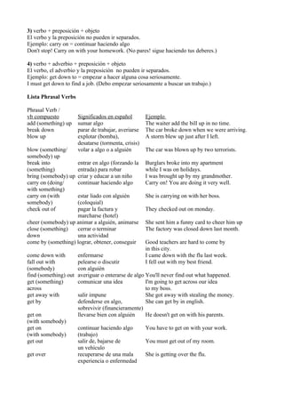 3) verbo + preposición + objeto
El verbo y la preposición no pueden ir separados.
Ejemplo: carry on = continuar haciendo a...