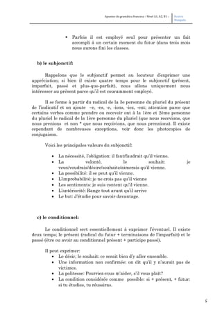 5
Apuntes de gramática francesa – Nivel A1, A2, B1 – Beatriz
Mangada
 Parfois il est employé seul pour présenter un fait
accompli à un certain moment du futur (dans trois mois
nous aurons fini les classes.
b) le subjonctif:
Rappelons que le subjonctif permet au locuteur d’exprimer une
appréciation; si bien il existe quatre temps pour le subjonctif (présent,
imparfait, passé et plus-que-parfait), nous allons uniquement nous
intéresser au présent parce qu’il est couramment employé.
Il se forme à partir du radical de la 3e personne du pluriel du présent
de l’indicatif et on ajoute –e, -es, -e, -ions, -iez, -ent; attention parce que
certains verbes comme prendre ou recevoir ont à la 1ère et 2ème personne
du pluriel le radical de la 1ère personne du pluriel (que nous recevions, que
nous prenions et non * que nous reçoivions, que nous prennions). Il existe
cependant de nombreuses exceptions, voir donc les photocopies de
conjugaison.
Voici les principales valeurs du subjonctif:
• La nécessité, l’obligation: il faut/faudrait qu’il vienne.
• La volonté, le souhait: je
veux/voudrais/désire/souhaite/aimerais qu’il vienne.
• La possibilité: il se peut qu’il vienne.
• L’improbabilité: je ne crois pas qu’il vienne
• Les sentiments: je suis content qu’il vienne.
• L’antériorité: Range tout avant qu’il arrive
• Le but: J’étudie pour savoir davantage.
c) le conditionnel:
Le conditionnel sert essentiellement à exprimer l’éventuel. Il existe
deux temps; le présent (radical du futur + terminaisons de l’imparfait) et le
passé (être ou avoir au conditionnel présent + participe passé).
Il peut exprimer:
• Le désir, le souhait: ce serait bien d’y aller ensemble.
• Une information non confirmée: on dit qu’il y n’aurait pas de
victimes.
• La politesse: Pourriez-vous m’aider, s’il vous plaît?
• La condition considérée comme possible: si + présent, + futur:
si tu étudies, tu réussiras.
 