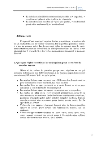 5
Apuntes de gramática francesa – Nivel A1, A2, B1 – Beatriz
Mangada
• La condition considérée comme moins possible: si + imparfait, +
conditionnel présent: si tu étudiais, tu réussirais.
• La condition non possible: si + plus-que-parfait, + conditionnel
passé: si tu avais étudié, tu aurais réussi.
d) l’impératif:
L’impératif est mode qui exprime l’ordre, une défense, une demande
ou un souhait (Passez de bonnes vacances!). Il n’a que trois personnes et il n’
y a pas de pronom sujet. Les formes sont celles du présent sans le sujet,
mais attention pour les verbes dont la 2ème personne finit en –es/as, le «s»
disparaît (va !, travaille !) et les verbes pronominaux inversent le pronom:
lève-toi!
2. Quelques règles essentielles de conjugaison pour les verbes du
premier groupe
Même si les verbes du premier groupe sont réguliers en ce qui
concerne la formation des différents temps, il ne faut pas cependant oublier
certaines modifications. Voici les principales:
• Les verbes finis en –cer prennent une cédille sous le c devant –a et –o
pour conserver le son de l’infinitif. Ex: nous plaçons
• Les verbes finis en –ger prennent un e muet devant –a et –o pour
conserver le son de l’infinitf. Ex: il mangeait
• Les verbes finis en –guer ou –quer, conservent tout le temps le u.
• Les verbes en –eler et en –eter prennent généralement deux «l» ou
deux «t» devant un «e» muet (mais il existe de nombreuses exceptions,
parmi les principale: geler, peler, acheter, congeler, modeler, dégeler;
ceux-là prennent alors un accent grave devant un «e» muet). Ex: ils
appellent, ils jettent
• Verbes du type espérer changent l’accent aigu de l’avant-dernière
syllabe en accent grave devant une terminaison muette. Ex: ils
espèrent.
• Verbes du type achever (verbes en –ecer, -emer, -ener, -eper, -eser,
-ever, -evrer) prennent un accent grave à l’avant-dernière syllabe
devant une terminaison muette. Ex: il achève.
 
