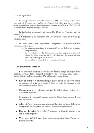 5
Apuntes de gramática francesa – Nivel A1, A2, B1 – Beatriz
Mangada
3. La voix passive
La voix passive qui consiste à rendre le COD d’une phrase transitive
en sujet, et le sujet en complément d’agent (introduit par la préposition
«par» ou «de») est souvent employée pour mettre en valeur le COD. Parfois
le complément d’agent n’est pas présent.
Le Corbusier a construit cet immeuble (C’est Le Corbusier qui est
important)
Cet immeuble a été construit par Le Corbusier (C’est l’immeuble qui
est important)
Le sens passif peut également s’exprimer au moyen d’autres
mécanismes, tels que:
• La forme pronominale à sens passif: Le «s» de bus se prononce
(est prononcé).
• Le verbe faire + infinitif: nous avons fait réparer le poste de
télé (a été réparé), ou se faire + infinitif pour les sujets animés:
elle s’est fait couper les cheveux.
• Le passif impersonnel: il est interdit de fumer
4. Les périphrases verbales
Elles servent à nuancer la localisation dans le temps au moyen d’une
locution verbale. Elles peuvent s’employer au présent, mais aussi à
l’imparfait et au plus-que-parfait. Parmi les principales citons:
• Être en train de + infinitif: indique qu’une action est en déroulement
au moment où le locuteur parle: Il était en train de regarder la télé
quand le téléphone a sonné.
• Commencer à + infinitif: marque le début d’une action: il a
commencé à pleuvoir
• Se mettre à + infinitif: marque aussi le début d’une action: il s’est
mis à pleuvoir
• Aller + infinitif: marque un événement du futur mais que le locuteur
sent proche du présent: Il va visiter Grèce l’année prochaine
• Être sur le point de + infinitif: marque un début immédiat: il est
sur le point de partir
• Venir de + infinitif: avec l’idée qu’une action vient juste d’avoir lieu:
Il vient de sortir.
 