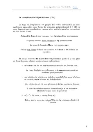 5
Apuntes de gramática francesa – Nivel A1, A2, B1 – Beatriz
Mangada
Le complément d’objet indirect (COI)
Ce type de complément est propre des verbes intransitifs et peut
également apparaître sous forme de syntagme prépositionnel: à + SN ou
sous forme de pronom «lui/leur» ou «y» selon qu’il s’agisse d’un nom animé
ou non animé. Ainsi:
J’ai parlé à Jean de nos vacances > Je lui ai parlé de nos vacances
Je pense souvent à nos vacances > J’y pense souvent
Je pense à Jean et à Marie > Je pense à eux
J’ai dit aux élèves de faire les exercices > Je leur ai dit de faire les
exercices
En ce qui concerne la place des compléments quand il y en a plus
de deux dans une phrase, voici quelques règles utiles:
• m’en/t’en/l’en, lui en, s’en/nous en/vous en/les en, leur en s’en
Je viens d’acheter un ordinateur et je m’en sers souvent (se
servir de quelque chose)
• me la/le/les, te la/le/les, se la/le/les, nous la/le/les, vous la/le/les,
se la/le/les, mais le/la/les lui, la/le/les leur
Mes photos de cet été sont géniales, je te les montrerai demain
Il voulait avoir l’adresse de ce musée et je la lui ai donnée
(donner quelque chose à quelqu’un
• m’y, t’y, s’y, nous y, vous y, les y, s’y
Est-ce que tu viens au cinéma? Oui on s’y retrouve à l’entrée à
7 heures
 