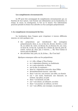5
Apuntes de gramática francesa – Nivel A1, A2, B1 – Beatriz
Mangada
Les compléments circonstanciels
Le SV peut être accompagné de compléments circonstanciels qui, en
fonction de leur nature, vont fournir une information sur la localisation, le
temps, la cause, la conséquence, le but ou le moyen. Ces informations
pourront prendre la forme d’un adverbe ou d’un syntagme prépositionnel.
1. Le complément circonstanciel de lieu
La localisation dans l’espace peut s’exprimer à travers différents
moyens, en voici quelques uns:
• des prépositions qui introduisent des syntagmes
prépositionnels: dans, à, en, en face de, devant, derrière, à côté
de, au milieu de, entre, au-dessus de, au-dessous de, sur, sous,
en haut de, en bas de, à gauche de, à droite de, loin de, près de,
contre, autour de, chez, par, à travers, .... Ex: Tres Cantos se
trouve près de Madrid.
• des adverbes: loin, près, ici, là, là-bas.... Ex: C’est loin?
Quelques remarques utiles sur les prépositions:
• à + ville, village: à Tres Cantos
• en + région/pays féminin: en Andalousie
• au + pays masculin: au Pérou
• sur la côte, le continent....
• dans le + région/état masculin: dans l’Ohio
• devant/derrière/à travers: sans «de»
• dans + une rue, une avenue, une allée, un chemin
• sur + une route, boulevard, une chaussée, un
trottoir, une place, un port
• dans + un fauteuil, un sofa
• sur + une chaise, un tabouret, un trône
• dans + un journal, un tableau, un livre
• sur + une affiche, une enseigne, un panneau
 