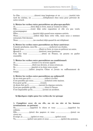 5
Apuntes de gramática francesa – Nivel A1, A2, B1 – Beatriz
Mangada
Le film ...........................(durer) trop longtemps et on .................(sortir) très
tard du cinéma, on ......................(téléphoner) chez nous pour prévenir de
notre retard.
5. Mettre les verbes entre parenthèses au plus-que-parfait:
Je..............................(lire) déjà ce livre, mais je voulais le relire.
Elle...........................(voir) déjà cette exposition et elle n’a pas voulu
m’accompagner.
Elles..............................(partir) déjà quand nous sommes arrivés.
Nous...............................(aller) déjà dans cette ville, mais nous y sommes
retournés l’été dernier.
Nous .............................(se coucher) déjà quand ils ont téléphoné.
6. Mettre les verbes entre parenthèses au futur antérieur:
L’année prochaine, mon fils .......................(achever) ses études.
Quand vous..............................(finir) ce livre, je vous en prêterai un autre.
Quand il ..................................(arriver), nous partirons.
Une fois vous ..........................(être) en France, on pourra en parler
ensemble.
7. Mettre les verbes entre parenthèses au conditionnel:
Je................................(venir) si tu m’avais appelé.
Nous............................(fait) nos devoirs, si nous avions pu.
Ils ..............................(partir) si tu étais venu avant.
Je...........................(aller) jusqu’en Chine si j’avais eu suffisamment de
temps.
8. Mettre les verbes entre parenthèses au subjonctif:
Je ne crois pas qu’il............................(aller) à la fête.
C’est possible que nous......................(acheter) cette maison.
Il se peut qu’ils ..........................(venir).
Je doute fort qu’il....................(savoir) la réponse correcte.
Il est peu probable qu’elle..................(être) à l’heure.
C’est impossible qu’ils....................(avoir) un accident.
b) Quelques règles pour les verbes du 1er groupe
1. Compléter avec «l» ou «ll», ou «t» ou «tt» et les bonnes
terminaisons au présent:
Ils............................(appeler) le chien et vous ......................(appeler) les
enfants.
Elle........................(jeter) des papiers et vous .............................(jeter) un
vieux sac.
Il neige: je.................(geler) et vous.......................(geler) aussi.
Tu.......................(peler) une poire et nous .......................(peler) des pommes.
 