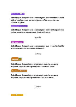 Este bloque de apariencia se encargade ajustar el tamaño del
objeto elegido en un porcentajeespecífico respecto a su
tamaño original.
Este bloque de apariencia se encargade cambiar la apariencia
del escenario cambiandoa un fondo diferente.
Sonido
Este bloque de apariencia se encargade que el objeto elegido
emita el sonido seleccionado delmenú.
Eventos
Este bloque de eventos se encarga de que el programa
empiece a ejecutarseal presionarla bandera verde.
Este bloque de eventos se encarga de que el programa
empiece a ejecutarseal presionarla tecla espacio.
Control
 