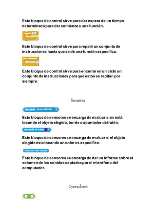 Este bloque de controlsirve para dar espera de un tiempo
determinadopara dar comienzoa una función.
Este bloque de control sirve para repetir un conjunto de
instrucciones hasta que se dé una función específica.
Este bloque de controlsirve para encerrar en un ciclo un
conjunto de instrucciones paraque estos se repitan por
siempre.
Sensores
Este bloque de sensoresse encarga de evaluar sise está
tocando el objeto elegido,borde o apuntador delratón.
Este bloque de sensoresse encarga de evaluar siel objeto
elegido esta tocando un color es específico.
Este bloque de sensoresse encarga de dar un informe sobre el
volumen de los sonidos captadospor el micrófono del
computador.
Operadores
 