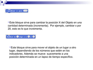 Este bloque sirve para cambiar la posición X del Objeto en una
cantidad determinada (incrementa). Por ejemplo, cambiar x por
20, esto es lo que incrementa.
Este bloque sirve para mover el objeto de un lugar a otro
lugar, dependiendo de los números que estén en los
indicadores. Además se mueve suavemente a una
posición determinada en un lapso de tiempo específico.
 