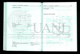 Calculo de las reacciones:
A
/-T7
1000 Kg
8 4 6 6 7
A
/~/7
OI
f
0
3 0
HMa=O
(1.5 x 1000) + 846.67 — 3RB = 0
3RB = 2346.67
R„= 782.2
ZFy=0
-1000 + 782.2 + RA = 0
RA =217.8
1200 Kg
8 4 6 . 6 7
3 f
- p k
1,5
5.0
1200 Kg
I Mb = o
- 846.67 +1.5 x 1200 + 4 x 1200 +1259.68 - 5RC = 0
5Rc =7013.01
RC = 1402.6
RA= 217.8 Kg.
Z F y = 0
- 1 2 0 0 x 2 +1402.6 + RB = 0
RB = 997.4
Rb = 782.2 + 997.4 = 1,779.6 Kg.
Rc= 1,402.6 Kg.
Diagramas de cortante y momento:
1000 Kg 1800 Kg
1.5
C
1,5
3 C 5 0
i£00 Kg
I í
í
M
)
326.7
649.43
142.93
546.67
997.4
217.8
V)
202 6
7822
1259.68
¡402.6:
 