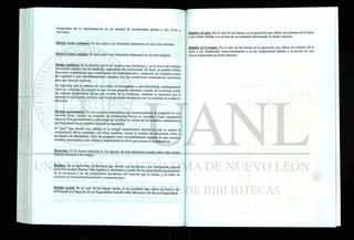 ortogonales de su representación en un sistema de coordenadas global a uno local y
viceversa.
Matriz vector columna: Es una matriz con elementos dispuestos en una sola columna.
Matriz vector renglón: Es una matriz con elementos dispuestos en un solo renglón.
Medio continuo: Es la materia que le da forma a una estructura y en la teoría del análisis
estructural cumple con la condición matemática de continuidad. Es decir, se pueden definir
funciones matemáticas que cuantifíquen sus deformaciones y esfuerzos en cualquier punto
del material y que simultáneamente cumplan con las condiciones matemáticas necesarias
para una función continua.
Se supondrá que la materia de un cuerpo es homogénea y está distribuida continuamente
sobre su volumen, de manera tal que el mas pequeño elemento cortado de la misma, posee
las mismas propiedades físicas que el resto de la estructura. Además se supondrá que el
material es isotrópico, es decir, que las propiedades mecánicas son las mismas en cualquier
dirección. '
Modelo matemático: Es una ecuación matemática que intenta predecir la magnitud de una
variable física, cuando un conjunto de condiciones físicas se cumplen. Como ingenieros
tenemos la responsabilidad y necesidad de verificar la validez de los modelos matemáticos
que utilizamos en la práctica diaria de la ingeniería.
El "juez" que decide esta validez es el trabajo experimental durante el cual se realiza la
comparación de lo calculado, con estos modelos, contra lo medido en estructuras reales o
prototipos de laboratorio. Solo así podemos estar razonablemente seguros de que nuestros
modelos matemáticos son válidos y representativos de lo que ocurre en la naturaleza.
Reacción: Es la fuerza inducida en los apoyos de una estructura cuando sobre ella actúan
fuerzas externas o de cuerpo.
Rigidez: E s l a
oposición (resistencia) que ofrece una estructura a ser deformada cuando
sobre ella actúan fuerzas. Esta rigidez la calculamos a partir de las propiedades geométricas
de la estructura y de las propiedades mecánicas del material que la forma, y se mide en
unidades de fuerza/desplazamiento o momento/giro.
Rigidez Axial: En el caso de las barras rectas, es la oposición que ofrece la barra a ser
deformada a lo largo de su eje longitudinal cuando sobre ella actúa una fuerza longitudinal.
Rigidez Al giro: En el caso de las barras, es la oposición que ofrece un extremo de la barra
a ser rotado debido a la acción de un momento flexionante en dicho extremo.
Rigidez al Cortante: En el caso de las barras, es la oposición que ofrece un extremo de la
barra a ser desplazado transversalmente a su eje longitudinal debido a la acción de una
fuerza transversal en dicho extremo.
 