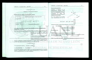 L'=L(l+2 -)1 / 2
s L+6
Finalmente, la elongación de la barra es:
e = 5
Demostración de la validez en la aproximación anterior:
VI + c « 1+ ^ hipótesis a probar cuando c « 0 pero mayor de 0
comprobación:
1 + c =
elevando al cuadrado
entonces: l+c=T+c
 2
1 + =  + c +
/  2
c
V2y
pero
lo que prueba nuestra hipótesis.
Dy^
2.2.2. OBTENCIÓN DE MATRIZ DE TRANSFORMACIÓN DE COORDENADAS
GLOBALES A LOCALES
En el caso de las barras colineales a la fuerza actuante (ver artículo 1.3), la elongación de las
barras era idéntica al desplazamiento de sus extremos. En las armaduras, el obtener la
elongación de la barra en función del
desplazamiento requerirá un poco mas de
trabajo.
La figura muestra la relación geométrica entre
dx y dy versus la elongación de la barra.
Primero consideraremos que en el extremo B
ocurren dx y dy asociados al alargamiento G de
la barra. Si aplicamos el teorema demostrado en el artículo anterior, podemos calcular la
contribución de cada uno de los dos vectores dx y dy al valor total de G:
e =cos# .dx+sen# .dy
— )
Dx
X
O en representación matricial {e} = [eos 9 sen d «
dx
dy.
Y en forma abreviada: {e} = u m
Demostración geométrica.
Aplicando la hipótesis de los
desplazamientos pequeños resulta
claro que las proyecciones de dx y dy
sobre el eje longitudinal de la barra,
corresponden al efecto del
desplazamiento del extremo B sobre la
elongación total de la barra.
En el caso general en que pueden
existir desplazamientos de los dos
Dy ©
^ ©
{<?} = [-eos 6
> - s e n G cos 6 señé?]-
dxA
dyA
dxB
dyB
extremos de la barra, la matriz [A] que relaciona a {e} con {D} será:
Nota importante:
e con signo negativo es acortamiento
e con signo positivo es alargamiento
en forma abreviada. [e] barra
=
[a] [-£>] barra
Dx
©
Cálculo de la fuerza axial inducida en la barra por la elongación
De acuerdo a la hipótesis de elasticidad lineal (hipótesis de Hooke), la magnitud de la fuerza
que se genera en la barra será
Pbarra kbarra*ebarra
Donde : kbarra=
AE/L (de la barra) esta relación se demuestra en la teoría de la resistencia de
materiales.
 