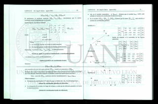 [Fjbarra- [ ¿ L . T
• k
barra • [ ¿ > ] b a r r a = 0
Si analizamos el producto matricial [A]barra
T
kbarra[A]barra, encontramos que la matriz
resultante es de 4 renglones por 4 columnas
Desarrollando el producto tenemos:
[Abarra^ k
barra lAbarra" k
ba
c2
se -c2
-se
se s1
-se -s2
1
- c -se c2
se
-se -s2
se s2
donde : c=cos9
s=sen<9
sc= cos# sen 6
- [ K
barra ]4x4
4x4
Notas:
1.- La matriz es singular (no existe su matriz inversa)
2.- Se requiere agregar condiciones de frontera (restricciones)
finalmente, el producto [A]barra
1
kbarra [A]barra, lo denominaremos:
Matriz de rigidez de la barra transformada a coordenadas globales
y al número k b a r r a =
EA/L lo denominaremos:
rigidez de la barra en coordenadas locales.
Entonces:
[F] barra I barra Í4x4 [D] barra
esta ecuación solo nos sirve para calcular [F]éorra cuando ya conocemos a [D]tor„,
Podemos decir que si conocemos los desplazamientos en los extremos de una barra con rigidez
axial únicamente, tendremos resuelto el problema general de análisis para esa barra.
Nota : conocido podemos calcular inmediatamente a ebarra y Pbarra
Observaciones:-
• El sistema de coordenadas X-Y sobre los que se definen dx y dy los denominaremos:
sistema de coordenadas globales de referencia.
• La elongación e se mide a lo largo de la barra y a este eje de referencia paralelo a la barra
lo denominaremos:
• Así, en el modelo matemático p =kbarra-e diremos que el escalar kbaira -AE/L está
referido al sistema de coordenadas locales de la barra.
• En el modelo |>]barra =[KBARRA]4X4 [£>]barra diremos que la matriz [KBARRA]4X4 está referida al
sistema de coordenadas globales.
BARRA # 1
D4
/K
B
A
BARRA #2
D 4 .
>D3
D I
DI
Di
D 4
donde, de acuerdo a lo convenido en las figuras
anteriores:
FI 0.5 0.5 - 0 . 5 - 0 . 5
FI 0.5 0.5 - 0 . 5 - 0 . 5
= k.
F3
1
- 0 . 5 - 0 . 5 0.5 0.5
F 4 - 0 . 5 - 0 . 5 0.5 0.5
BARRA #3
->
B D5
~F FXA ~DÍ ~DXA~
FI FYA
y
DI DYA
FI FXB
y
DI DXB
_F4_ FYB D4 Dya
'Fi
Fa
= k2
Fs
= k2
_ F 6 _
0.5
- 0 . 5
- 0 . 5
0.5
- 0 . 5 - 0 . 5
0.5 0.5
0.5 0.5
- 0 . 5 - 0 . 5
0.5
- 0 . 5
- 0 . 5
0.5
D 3
DA
DS
Dé
> r
f2
=k3
0 = 0 Fs
/ ¡
>
1 0 - 1 0
0 0 0 0
- 1 0 1 0
0 0 0 0
DI
DI
DS
DÒ
A Di B D5
 