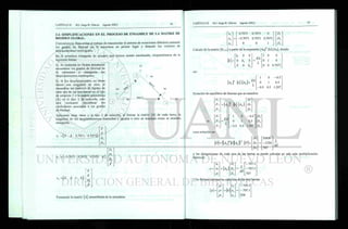 Di
2.4. SIMPLIFICACIONES EN EL PROCESO DE ENSAMBLE DE LA MATRIZ DE
RIGIDEZ GLOBAL.
Conveniencia: Para evitar el trabajo de reacomodar el sistema de ecuaciones debemos numerar
los grados de libertad de la estructura en primer lugar y después los vectores de
desplazamiento restringidos.
En la armadura triangular de ejemplo que hemos estado estudiando, etiquetaríamos de la
siguiente forma:
1.- Se numeran en forma secuencial
ascendente los grados de libertad de
la estructura y enseguida los
desplazamientos restringidos.
2.- Si los desplazamientos no libres
tienen una magnitud de cero, al
ensamblar las matrices de rigidez de
cada una de las tres barras en el tipo
de solución 1 o la matriz geométrica
[A] en el tipo 2 de solución, solo
será necesario considerar los
coeficientes asociados a los grados
de libertad.
Aplicando estas ideas y el tipo 2 de solución, al formar la matriz [A] de cada barra, la
magnitud de los desplazamientos conocidos e iguales a cero se manejan como se muestra
enseguida:
D3
e, = [X X 0.7071 0.7071]-
A
D ,
e2 =[-0.7071 0.7071 0.7071 x]-
A
A
A
x
= [x X 1 x]-
 x
X
D,
X
" 0.7071 0.7071 O N
"A"
= - 0 . 7 0 7 1 0.7071 0.7071 A
0 0 1 A .
Calculo de la matriz [ K n u ] a partir de la expresión [AE]T
.[k].[AE], donde:
M=
ft 0 0 " "1 0 0
I
_ E A
L '
0 K 0 _ E A
L ' 0 1 0
0 0 k2_ 0 0 0.7071
asi:
UÀT
k[AE] =
EA
L
1 0 - 0 . 5
0 1 0.5
0.5 0.5 1.207
Ecuación de equilibrio de fuerzas que se resuelve:
Fi
Fi
Fi
Fx
Fi
Fi
--[Ae]T
k]AE
Di
Di
Di
EA
L
1 0 - 0 . 5
0 1 0.5
- 0 . 5 0.5 1.207
A
A
D,
cuya solución es:
'Di' "353.5 ~
Di = - 1 3 5 4
Di 707
L
AE
y las elongaciones de cada una de las barras se puede calcular en una sola multiplicación
matricial:
e A 1
_ L
707.1"
A
. A ,
_ L
e = ei
ei
A
. A ,
AE
-707.1
707
y las fuerzas internas en cada una de las tres barras:
707.1"
p~ = w
• — - 7 0 7 . 1
-PK 500
 
