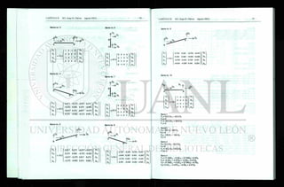 Barra no. 3
t1
D4
D3 f
Pio
D9
B
fF3
'
f 1 0 - 1 0^
F4 0 0 0 0 D4
:= 52.5.
F9
- 1 0 1 0 D9
lF
io; 0 0 O;
Barra no. 6
A ° 2
ti6
ÌFsì
Fé
FI
*2J
:= 87.5.
D£
0 1 0 - 1
o 0 0 0
0 - 1 0 1

%
D,
/
Barra no. 4
> D 5
Barra no. 7
f U
ADs
Dr
( FN> /
F,2
30.2.
F5
^ / V
0.917 -0.275 -0.917 0.275
-0.275 0.082 0.275 -0.082
-0.917 0.275 0.917 -0.275
0.275 -0.082 -0.275 0.082
 <DU>
D,2
D5
/ V°6 J
F8
F3
87.5.
0 1 0 - 1
0 0 0 0

f^ì
D8
Ö3
/
Barra no. 5
F9
X
Fio
F?
:= 30.2.
/
0.917 0.275 -0.917 -0.275^
0.275 0.082 -0.275 -0.082
-0.917 -0.275 0.917 0.275
-0.275 -0.082 0.275 0.082
' D O
Dio
D7
FI
F7
54.1.
F7
W 
> D 7
0.735 -0.441 -0.735 0.441
-0.441 0.265 0.441 -0.265
-0.735 0.441 0.735 -0.441

D2
D?
/ V
D
s
J
Barra no. 9
f
P4
' 0.735 0.441 -0.735 -0.44C
F4 0.441 0.265 -0.441 -0.265
:= 54.1.
F5
-0.735 -0.441 0.735 0.441
v-0.441 -0.265 0.441 0.265 ;
D3
D4
D6.
Barra no. 10
° 8
A
T 1
A " S
F
0 f 1 0 -1 0^
F6 0 0 0 0
:= 105.
F7 -1 0 1 0 07
FIS, , 0 0 0 o;
Barra 1
F1 1 =52.5 DU - 52.5 D,
Fl2=0
F , = -52.5D1 1 + 5 2 . 5 D 1
F 2 = 0
Barra 2
F3= 105 DI -105 D3
F2=O
F3= -105 D, + 105 DA
F 4 = 0
Barra 3
F3= 52.5 D3 - 52.5 D9
F4 =0
F
G = -52.5 D3 + 52.5 D0
F10= 0
Barra 4
FN = 27.69DII - 8.3D12 - 2 7 . 6 9 D 5 + 8.3D6
FI2= -8.3D,, + 2.47D1 2 + 3 . 3 D S - 2.47DE
F5= -27.69DII + 8.3D1 2 + 27.69D5 - 8.3D6
F6= 8.30N - 2.47D1 2 - 8.3D5 + 2.47DS
 