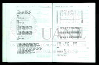 Barra 5
F9=27.69D9 -8.3D1 0 - 27.69D7 + 8.3Ds
F10=-8.3D9 +2.47D10 + 8.3D7-2.47D8
F7= -27.69D9 + 8.3D10 + 27.69D? - 8.3D8
F8= 8.3D9 -2.47D10 - 8.3D7 + 2.47D8
Barra 6
F5=0
F6 = 87.5D6 - 87.5D2
Fi = 0
F2 = -87.5D6 + 87.5D2
Barra 7
F7 =0
F8 = 87.5D8-87.5D4
F3 = 0
F4 = -87.5DS + 87.5D4
Barra 8
F, = 39.76D! - 23.86D2 - 39.76D7 + 23.86Da
F2 = -23.860^ + 14.33D2 + 23.86D7 - 14.33D8
F7 = -39.76Dì + 23.86D2 + 39.76D7 - 23.86Da
F8 = 23.86D-] - 14.33D2 - 23.86D7 + 14.33D8
Barra 9
F3 = 39.76D3 - 2 3 . 8 6 D 4 - 39.76D5 + 23.86D6
F4 = -23.86D3 + 14.33D4 + 2 3 . 8 6 D 5 - 14.33D8
F5 = -39.76D3 + 2 3 . 8 6 D 4 + 39.76D5 - 23.86De
F6 = 2 3 . 8 6 D 3 - 14.33D* - 2 3 . 8 6 D 5 + 14.33D$
Barra 10
F5= 105 D5 -105 D7
F6=0
F7= -105 D5 + 105 Dr
F, = 197.26Dì - 23.86D2 - 105D3 - 39.76D7 + 23.86DS - 52.5Dn
F2 = -23.860! + 101.86D2 - 87.5D6 + 23.86D7 - 14.33D8
F3 = -105D, + 197.26D3 + 197.26D4 - 39.76D5 - 23.86D6 - 52.5D9
F4 = 2 3 . 8 6 D 3 + 1 0 1 . 8 6 D 4 - 2 3 . 8 6 D 5 - 14.33D6 - 87.5D8
Fs = -39.76D3 - 2 3 . 8 6 D 4 + 172.45DS + 15.56D6 - 105D7 - 27.69Dn + 8.3D12
F6 = -87.5D2 - 23.86D3 - 14.33D4 + 15.56DS - 104.3D6 + 8.3Dn 2.47D12
F7 = -39.76D! + 23.86D2 - 105DS + 172.45D7 - 15.56D8 - 27.69D9 - 8.3D10
F8 = 23.86D! - 14.33D2 - 87.5D4- 15.56D7 + 104.3D8 - 8.3D9 - 2.47D10
F9= -52.5D3 - 27.69D-/- 8.3Da + 80.19D9 + 8.3D10
F10 = -8.3D7 - 2.47D8 + 8.3D9 + 2.47D10
Fu = -52.5D! - 27.69D5 + 8.3D6 + 80.19Dn - 8.3D12
F12 = 8.3D5 - 2.47DS - 8.3Dii + 2.47D12
197, -23. -105 0 0 0 -39. 23.8 0 0 -52. 0 D,
-23. 101. 0 0 0 •87. 23.8 -14. 0 0 0 0 D2
105 0 197. 23.8 -39. -23. 0 0 -52. 0 0 0 D3
0 0 23.8 101. -23. -14. 0 -87. 0 0 0 0 D4
0 0 -39. -23. 172. 15.5 -105 0 0 0 -27. 8.3 D5
0 -87. -23. -14. 15.5 104. 0 0 0 0 8.3 -2.4 D8
-39. 23.8 0 0 -105 0 172. -15. -27. -8.3 0 0 D7
23.8 -14. 0 -87. 0 0 -15. 104. -8.3 -2.4 0 0 DE
0 0 -52. 0 0 0 -27. -8.3 80.1 8.3 0 0 D9
0 0 0 0 0 0 -8.3 -2.4 8.3 2.47 0 0 D10
-52. 0 0 0 -27. 8.3 0 0 0 0 80.1 -8.3 D11
8.3 0 C
I 0 8.3 -2.4 0 0 0 0 -8.3 2.47 D,2
' V
D2
D3
D 4
D5
Dy
D9y
7
0.019 0.039
0.039 0.39
0.019 0.054
0.026 0.3:5
0.011 0.041
0.039 0.381
0.011 0.024
0.026 0.348
0.0 i 9 0.08
0.019 0.026 0.011
0.054 0.35 0.041
0.027 0.041 0,016
0.041 0.39 0.055
0.016 0.055 0.027
0.055 0.348 0.042
0.015 0.038 0.022
0.042 0.381 0.055
0.028 0.08 0.024
0.039 0.011
0.381 0.024
0.055 0.015
0.348 0.038
0.042 0.022
0.383 0.026
0.026 0.026
0.346 0.039
0.08 0.023
0.026 0.019X
0.348 0.08
0.042 0.028
0.381 0.08
0.055 0.024
0.346 0.08
0.039 0.023
0.383 0.08
0.08 0.047.;
0
-10
0
-9
0
0
0
0
0 )
D1=-0.618
D2= -7.046
D3= -0.908
D4= -7.006
D5= -0.91
D6= -6.945
D7= -0.588
D8= -6.912
D9= -1.513
Barra 1
ej :=(-! 0 l 0).
' 0
0
-0.618
—7.046y
e^-0.618 cm
Pi= (52.5)(-0.618) = -32.4 Ton
 