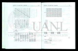 K:=
52.5 0 0 0 0 0 0 0
0
 j V»
0 0 >
0 105 0 j 0 0 0 0
0
0
 j V»
0 0 ' -
J
i
0 0 52.5 0 0
0°
0 :
) 0 p •
"
} 1 •- 0- (": . -A
o : 0 0 30.17 0 co 0 0 0 0 0 S',0- '0 ir ;,! .
o ' 0 0 0 30.17 0 '
0
0 0 0 ò i
0 0 0 0 0 87.5 0 0 0 0
0 0 0 0 0 0 87.5 Q 0 0
0 0 0 0 0 .0 .0 ,54.07 0 <0
0 0 0 0 0 0 0
:
0 54.07 0 i vi! . *, i
0 0 0 0 o _ 0 0 0. 0 105 j
AT
:=
1 -1 0 0 0 0 0 -.857 0
°ì
0 0 0 0 0 1 0 .515 0 0
0 1 -1 0 0 0 0 0 .857 0
0 0 0 0 0 0 1 0 .515 0
0 01 0 -;
.958 ') Oc» o - 0 = Q ri-! ; •',.. •
'
0 0 0 -.287 0 -1 0 0 -.515 0
0 0 0 0 -.958 0 0 .857 0 1
0 0 0 0 -.287 0 -1 -.515 0 0
0 0 1 0 .958 0 0 0 0 o ;
B
'
<
4
[FJ = At
K A D
B :=
197.212 -23.864 -105 0 0 0 -39.712 23.864 0
-23.864 101.841 0 0 0 -87.5 23.864 -14.341 0
-105 0 197.212 23.864 -39.712 -23.864 0 0 -52.5
0 0 23.864 101.841 -23.864 -14.341 0 -87.5 0
0 0 -39.712 -23.864 172.401 15.569 -105 0 0
0 -87.5 -23.864 -14.341 15.569 104.326 0 0 0
-39.712 23.864 0 0 -105 0 172.401 -15.569 -27.689
23.864 -14.341 0 -87.5 0 0 -15.569 104.326 -8.295
l o 0 -52.5 0 0 0 -27.689 -8.295 80.189,
0.019 0.038 0.014 0.025
0.038 0.385 0.053 0.346
0.019 0.053 0.027 0.041
0.025 0.346 0.041 0.385
0.011 0.041 0.016 0.055
0.038 0.377 0.054 0.344
0.011 0.024 0.015 0.038
0.025 0.344 0.041 0.377
0.019 0.074 0.027 0.079
0.011 0.038 0.011 0.025 0.019^
0.041 0.377 0.024 0.344 0.079
0.016 0.054 0.015 0.041 0.027
0.055 0.344 0.038 0.377 0.079
0.027 0,041 0.022 0.054 0.024
0.041 0.379 0.025 0.342 0.079
0.022 0.025 0.026 0.038 0.023
0.054 0.342 0.038 0.379 0.079
0.024 0.079 0.023 0.079 0.046j
F
' 0
-10
0
- 9
0
0
0
0
0
D = B F
DI--0.61
D2= -6.964
D3= -0.896
D4= -6.924
D5= -0.899
D6= -6.864
D7= -0.581
D8= -6.831
D9--1.494
Barra 1
e, :=(-! 0 1 0).
' 0 
0
-0.61
V -6.964;
et= -0.6 lem
P1=(52.5X-0.61) = -32Ton
 
