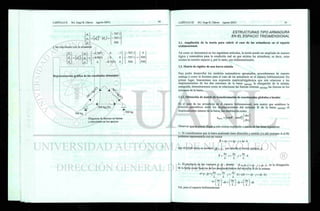 PI
PI
PI
-707.1
-707.1
500
y las reacciones con la ecuación:
> 4 ' P
TS
II
PL ' =
A.
-0.7071
-0.7071
0
0
0
-0.7071
- 1 -707.1 0
0 • • -707.1 • = • 500
0 500 500
Representación gráfica de los resultados obtenidos:
Diagrama de fuerzas en barras
y reacciones en los apoyos
500 kg
ESTRUCTURAS TIPO ARMADURA
EN EL ESPACIO TRIDIMENSIONAL
3.1. Ampliación de la teoría para cubrir el caso de las armaduras en el espacio
tridimensional.
Tal como se demostrará en los siguientes artículos, la teoría puede ser ampliada de manera
lógica y sistemática para la condición real en que existen las armaduras, es decir, estas
existen en nuestro espacio y, por lo tanto, son tridimensionales.
3.2. Matriz de rigidez de una barra aislada
Para poder desarrollar los modelos matemáticos apropiados, procederemos de manera
análoga a como lo hicimos para el caso de las armaduras en el espacio bidimensional. En
primer lugar, buscaremos una expresión matricial/algebraica que nos relacione a los
desplazamientos de los dos extremos de la barra v e r s u s la elongación de la misma,
enseguida, demostraremos como se relacionan las fuerzas internas verSus *as
fuerzas en los
extremos de la barra.
3.2.1. Obtención de matriz de transformación de coordenadas globales a locales
En el caso de las armaduras en el espacio bidimensional, esta matriz que establece la
relación geométrica entre los desplazamientos del extremo B de la barra v e r s u s el
desplazamiento interno de la barra, fue establecida como:
os<9 sen0]- ^
dyB
Observar que se puede llegar a esta misma expresión a través de las ideas siguientes:
1.- Si consideramos que la barra analizada tiene dirección y sentido (va del extremo A al B)
podemos representarla con un vector
S = Ax • i + Ay • j + Az-k
que dividido entre su modulo ¡gj = ¿ , nos resulta el vector unitario 5
r Ax . Ay . Az .
b = * + —• 7 + k
L L L
2.- El producto de los vectores £ . £ , donde: D = dx-i + dy • j + dz • k > Q
s la elongación
de la barra como función de los desplazamientos del extremo B de la misma:
• L L
e=
KL;
• dx +
 L j
 