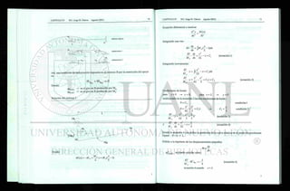 v
Sistema original
subestructura 1
subestructura 2
Así, una condición de deformación impuesta en el extremo B por la restricción del apoyo
es:
Donde:
0 j +@B = o
B
MA A
MT
@B MA -> es el giro en B producido por MA
@ü MT -> es el giro en B producido por MT
Solución del sistema 1 :
Donde
M(x) = -Ma+^X = Ma(J- 1)
Ecuación diferencial a resolver
d2
y M(x)
dx' El
Integrando una vez:
EI-d
^= [m , ( — - )dx
¿Y j AV
T y
dx L
El dy x2
—- = x + C,
Ma dx 2L
(ecuación 1)
Integrando nuevamente:
EI r x2
y = ( x + C,)dx
Ma
JV
2L 1
El
M
•y =
6L
— + C,x + C2 (ecuación 2)
Condiciones de borde:
para x = 0 -» y = 0; para x = L y - 0
sustituyendo en la ecuación 2 las dos condiciones de borde :
0 = C2
. L3
~
V
6L 2
El x3
x2
L
+ —x
Ma 6L 2 3
El dy x2
L
dy — —
-x + —
MA dx 2 L 3
- > C,
L
3
condición 1
condición 2
(ecuación 3)
(ecuación 4)
Donde la ecuación 4 nos define la pendiente de la curva elástica en el punto de coordenada
x para 0 < x < L.
Debido a la hipótesis de los desplazamientos pequeños
dy
0
B MA
se puede calcular como
dx
El f,. _ L
M. * 6
(ecuación 5)
 