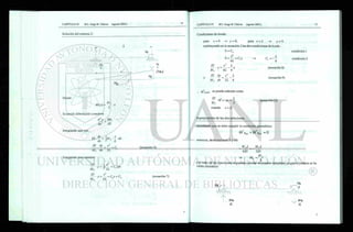 Solución del sistema 2:
Donde
M{X)=M
¿-X
Ecuación diferencial a resolver
d2
y Mx
dx' El
Integrando una vez:
El- dy
=MT.X
-
dx i T
L
El dy X1
_
= — + C,
Mt dx 2 L
• dx
(ecuación 6)
Integrando nuevamente:
E
J.y= [(--- +Cx)dx
A4 J IT 1
M T
El
2 L
x'
y = — + C, x + C,
6L
(ecuación 7)
Condiciones de borde:
para x = 0 —
> y - 0; para x-L y = 0
sustituyendo en la ecuación 2 las dos condiciones de borde :
0 = c2
0 =
ú_
6L
El
MT
•y =
X3
_
6L
L
— x
6
El dy x2
L
Mt dx 2L 6
->
L
(ecuación 8)
(ecuación 9)
condición 1
condición 2
0 B MT
se puede calcular como
E I
(=>• L
• W B MT = —
MT 3
cuando x = L
Superposición de las dos soluciones.
(ecuación 10)
recordando que se debe cumplir la condición geométrica:
O BM +© B„ = 0
entonces, de ecuaciones 5 y 10:
6EI
MTL
3.EÌ
MA
MT=—^
2
y el resto de las reacciones se pueden calcular de manera inmediata ya que el sistema se ha
vuelto isostático:
Hk
HK
2
A  "
 