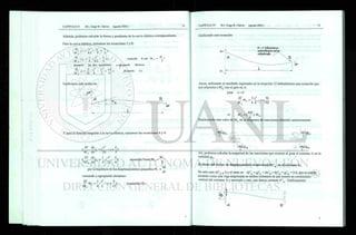 Además, podemos calcular la forma y pendiente de la curva elástica correspondiente.
Para la curva elástica, sumamos las ecuaciones 3 y 8:
EL
- Y I =
M
A
x3
6 L
_ X
L
2
L
+ — X
3
EL
M A
1
2 '
( i i
6 L " § - >
ecuación 8 con M T = ^ 4
sumando las dos ecuaciones y agrupando términos :
El
M ; y =
3
12
x3
_
L
x2
3 L
— + x
2 12
(ecuación 11)
Grafícando esta ecuación:
Y para la función tangente a la curva elástica, sumamos las ecuaciones 4 y 9:
.El dy. .x2
Z,
( =( x + -~)
MA dx 1
2L 3
El dy. 1 ,x2
Lx . M^
• • - - ) » = •( ) ecuación 9 con MT =
Ma dx " 2 2L 6 T
2
por la hipótesis de los desplazamientos pequeños ©v » ^
dx
sumando y agrupando términos :
E I
^ 3 3
T ,
= -- • —x + L (ecuación 12)
MA * 4 L 12
Grafícando esta ecuación:
Ahora, utilizando el resultado expresado en la ecuación 12 obtendremos una ecuación que
nos relaciona a MA con el giro en A:
para x = 0
El 3 x2
3L
= x +
M 4 L 12
4F7
Sustituyendo este valor de M en el diagrama de reacciones obtenido anteriormente:
/ 
V f ® A
Así, podemos calcular la magnitud de las reacciones que ocurren al girar el extremo A en la
cantidad ©A.
2) efecto del vector de desplazamiento transversal dy* en el extremo A.
r
V
En este caso dy*A * 0 y el resto es: dy*A = @*A = dx*B = dy*B = ©*B = 0.0, que se puede
modelar como una viga empotrada en ambos extremos en que ocurre un corrimiento
vertical del extremo A y asociado a este, una fuerza cortante V*.. Gráficamente:
A
S NJ
/ l 8
y
/
/
y
y
y
 