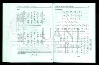 Barra 1
> r "A "
F2 r ,
Fs
£4 FB
Fs VB
FÓ MB
EA
L
0
0
_EA
L
0
0
0
12 EL
Ü
6EI
~L2
0
12 EL
Ú
6EI
0
6EI
L2
4 EL
L
0
6£7
~ L2
2 EL
L
EA
' L
0
0
AE
L
0
0
0
Ì2EI
Û
_ 6 EL
L2
0
12 EL
Ü
6EI
L
0
6EI
L2
2 EL
L
6EI
" L2
4EI
L
DI
DI
Di
D4
DS
DE
vector de fuerzas generalizadas
Barra 2
'F 4" ' F A '
Fs VA
Fe MA
FI FB
FS VB
F9 MB
EA
L
0
0
_ E A
L
0
0
0
2EI
i r
6EI
L2
'
0
Ì2EI
Û
6 EL
0
6£7
T,2
4EI
L
0
6£7
L2
2 EL
L2
L
EA
L
0
0
AE
L
0
0
0
12 EL
Ü
6EI
L2
0
12El
Û
6EI
0
6£7
L2
2El
L
0
6£7
" L2
4E¿
L
D 4
Ds
D(¡
DI
£ > 8
£>9
Las fuerzas externas que actúan sobre la estructura son resistidas por el conjunto de barras,
por esta razón, debemos sumar la aportación de cada barra a la resistencia total que opone
toda la estructura a la acción de las fuerzas externas.
Así, al actuar una fuerza axial en el extremo Á de la barra 1, podrán existir los vectores
D(,D4 y D? compatibles con esta fuerza y podremos obtener la resistencia total a esta fuerza
con las expresiones:
F - E A EA „
t - £), £)4
L L
De manera análoga:
L
2 EL
L
A
V EA _ EA _ . .EA __ EA
4 4 - ( " --•- • A + — • A ) + (— • D4 - • DN )
De donde -> — + ( — + —)D< ~ D n )
L 1
L L L
Ü _V -( 1 "2EI „ OÜÍ ^ IZCJ ^ OM NWI¿CI AC,I I^GI UII 
6EI Ì2EI 6EI Ì2EI 6EI 12£7 6£7
v _ 12£7 ^ 6EI (12EL 12EL
v
/: ^ /.  // :
r

A +
/
6EI 6EÍ
— + —r-
7/ V
_ 12£7 6EI
El estudiante deberá obtener las expresiones "ensambladas" para : M6,F?,F8 Y F9.
Este conjunto resultante de 9 ecuaciones algebraicas pueden reescribirse en notación
matricial de la siguiente forma:
A
FN
EA
L
0
0
EA
' L
0
0
0
0
0
0
12 EL
Ú
6EI
L2
0
Ì2EI
Ü
6 EL
..¿i...
0
0
0
o
6EI
L2
4EI
L
0
_6EI
~ L2
2 EL
..X...
0
o
o
EA
L
0
0
•E'A'-'E'A'
— + —
L L
0
0
"ÈÂ
L
0
0
0
Ì2EI
Ú
6EI
ML2
AM
0
0
6EI
L2
'
2EI
T M
0
12EI Y2EI 6EI 6EI
¿3 +
Jj> Jl +
¡j-
6EI | 6EL 4EI + 4£7
0 0
12£7 6EI
73
L2
6 El 2EI
L2
L
7
0
0
7"
o
o
t
o o
12£7 6EI
Ü L2
6EI 2EI
L2
L
0
12 EL
0
6EI
Ù L2
6EI 4EI
L2
L
D
2
A
A
A
A
A
A
DA
MTOTAL
 