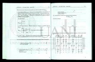 Observaciones acerca del proceso de ensamble de la matriz de rigidez total, TOTAL
1.- Si las barras se definen con su "extremo A" en el lado izquierdo y son colineales y los
grados de libertad se enumeran para cada barra en el orden: dxA,dyA, qa 4 x B 4 y B y 6B ••••
entonces la matriz [k]total
s e
puede calcular superponiendo cada una de las matrices
IV1 sobre la matriz IV1 de acuerdo a la numeración de los grados de libertad y
LA IBARRA L1
^ 1TOTAL
las fuerzas externas asociadas.
Así, para la barra 1
.K
BARRA(,X6
MTOTAL
J 9 x 9
y la barra 2 se superpone , sumando elemento por elemento al contenido actual de
M ,¡TOTAL
MTOTAL
'Mexe
-41
- Lx6 _
- Zona en que se deberá superponer
9X9
2.- La matriz  k  t o t a l obtenida, no tiene incluidas las restricciones de los apoyos y por lo
tanto es un sistema inestable sin solución única (matriz singular).
4.1.1.2.3. Inclusión de las restricciones impuestas por los apoyos sobre la estructura
Condiciones de apoyo p -
en la viga analizada
D3
vectores desplazamiento Dj >
posibles en
"puntos de control"
D2
D6
JM-
T
D5
D9
< r
DJ..
D8
grados de libertad .
(vectores desplazamiento
posibles no nulos)
Así, reordenaremos el sistema de ecuaciones lineales simultáneas
{ F
R [K)TOTAL { ° }
de manera de obtener:
Fe
F,
F,
F,
A
Fs
Fr
F:i
{ o r
A
A
A
A
A
A
A
A
A
El sistema original deberá reacomodarse intercambiando renglones y columnas para quedar
así:
F*
F{
F2
F.
f4
Fs
f7
F0
LF
9
4EI 4EI
+ —
0
6EI
if
2El
L
0
6FJ 6EI
0
_6EI
L2
2El
L
0
"ÉA
L
0
0
EA
L
0
0
0
o
6EI 2El
Y l
0 0
2EI 6EI
É L2
6EI 4El
L2
L
0 0
Ì2EI 6EI
£ È
0 0
0 0
0 0
0
" " Ë Â "
L
0
0
EA EA
— + —
L L
0
_EA
L
0
0
6EI 6EI
0
6EI
¿
0
12El
Ê
_6El
Y
o
Ì2EI Ì2EI
T +
'I
0
_2EI
Z?
6EI
Y
0
0
0
_EA
L
0
EA
L
0
0
0
0
0
0
_2EI
' Ê
0
12El
Y
_6EI
L2
'
2E1
Y
o
o
o
o
6El
L2
0
_6E1
~L2
4El
L
A
A
A
A
A
A
A
 