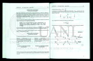 ESTRUCTURA EN ESTADO 1
"La Estructura Restringida "
Bajo estas condiciones, es relativamente sencillo determinar el estado de esfuerzos y
deformaciones de la estructura, ya que solo tendremos que analizar el caso de dos barras
empotradas en sus extremos. Para la barra izquierda, ya hemos calculado el momento de
empotramiento e igualmente podemos calcular las reacciones. Para la barra derecha, no
existen fuerzas actuando sobre la barra, ¡p0r ¡0 qUe n o existirán esfuerzos ni deformaciones
en la misma!
Para que el truco que estamos empleando no altere la condición de cargas de la estructura
original deberemos hacer la siguiente consideración:
Debido a que esta fuerza ficticia no existe, superpondremos a la
estructura en su estado 1 otra estructura sobre la que actuará
solamente la fuerza ficticia introducida en el estado 1 con su signo
cambiado.
De esta manera, al sumar las dos estructuras, se cancelará la fuerza ficticia del estado 1 con
la fuerza ficticia de estado adicional, resultando la estructura con las cargas originales.
A la estructura con las cargas ficticias actuando en sentido contrario a las introducidas en el
estado 1 la denominaremos como:
ESTRUCTURA EN ESTADO 2
"La Estructura Liberada "
El estado final de esfuerzos y deformaciones de la estructura se obtiene al superponer:
Esfuerzos y deformaciones en la
estructura sometida a las cargas externas
reales y las fuerzas ficticias que impiden
el desplazamiento de los puntos de
control
Esfuerzos y deformaciones en la
+ estructura sometida solamente a la
acción de las fuerzas ficticias actuando
en sentido contrario
Es decir
FUERZAS Y DEFORMACIONES + FUERZAS Y DEFORMACIONES
EN ESTADO 1 EN ESTADO 2
La fuerza ficticia es Mfíctjcia = Me = -
_ wV
12
y analizaremos la estructura en el estado 2 con la fuerza Ma = - Mfíctic¡a actuando sobre ella,
cuya solución es la que obtuvimos anteriormente en el artículo 4.1.1. Solo tendremos que
sustituir a M por Ma.
A
I
Ma
barra 1
— L —
B
barra 2
L -
i
Así, la magnitud de la rotación de la barra en el nudo B es de:
0 = Mal
í -
U El
El siguiente paso es sobreponer las soluciones del estado 1 con las soluciones del estado 2
wí
1 2 r
 t
rTTTTTTT
vA
12
4
! wí
vd
V* A
M
í
;
T6 —
5WL-
48F
Ni A
m
36
yA
2
wl
16 )vA
"24
vA
,24
TvA
16
J
vvi
24
í vA
! 16
vA
vA
16
vA j
16|
48
wA
16
ESTADO 1
E S T A D 0 2
; 2 " R E A L "
lyA
48
 