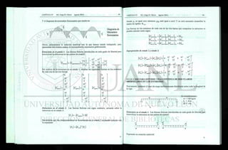 Y el diagrama de momentos flexionantes que resulta es:
Diagrama de
Momentos
flexionantes
Ahora, utilizaremos la notación matricial con la que hemos estado trabajando, para
representar esta misma cadena de razonamientos expresados gráficamente.
Estructura en el estado 1. Las fuerzas ficticias introducidas en cada grado de libertad para
inmovilizar la estructura en sus puntos de control:
'F
( ficticias } = { f 1=
; I. EMPOTRAMIENTO )
Fi
F,
Del análisis de la estructura en su estado 1, resultan
de cada una de las tres barras:
ÍF* } =
EMPB )
0
wl
2
wl2
12
0
wl
2
wl2
12
te
EMPBL}
0
wl
T
wl2
12
0
wl
~2
wl2
wl2
wl2
12 +
12
wl2
wl2
+
12
12 12
as siguientes fuerzas en los extremos
0
wl
2
wl2
ÍF* ) =
R EMPBL)
12
0
wl
2
_wl2
12
Estructura en el estado 2. Las fuerzas ficticias con signo contrario, actuarán sobre la
estructura en su estado 2:
Recordando que los desplazamientos en la estructura en el estado 2 se pueden calcular con
la expresión:
Donde fu es igual cero entonces j)u será igual a cero! Y no será necesario ensamblar la
matriz de rigidez K,l u .
Las fuerzas en los extremos de cada una de las tres barras que componen la estructura se
pueden calcular como sigue:
F' } =
T BARRAI )6X
f* 1 =
( BARRA2 )6X
F' } =
( BARRAI )6X
KBARRAI ] ó * 6 BARRAI }ójtl ~
{ P L . ! L = { ° }
5 x 6 PBARRAI } ó x l ~ I®}
K BARRA2
K BARRAD
6X
6jtl
6X
wl
2
wl2
12
0
wl
2
wl2
12 _
wl wl2
0
wl wl2
2 12
0
2 12
wl wl2
0
wl wl2
2 12
0
2 12
Superposición de estado 1 y estado 2.
{K)=KpbMK
¡Mi}=
fàMKmpbiVK]K}=
4.1.2.4. CASO PARA ESTUDIO: VIGA CONTINUA DE DOS CLAROS
ARTICULADOS EN LOS EXTREMOS.
Nuevamente, tenemos el caso de carga uniformemente distribuida sobre toda la longitud de
la viga:
w w
i i r i r r i m i T r í i i ^ .
C'/RV),
Si consideramos:
w = 100 kg/m
L = 4 m
E I = cte.
L L
Estructura en el estado 1. Las fuerzas ficticias introducidas en cada grado de libertad para
inmovilizar la estructura en sus puntos de control:
2 2
wt "wl
f r r r r r y y y y i ^ ( r
_ r y y t y t^tt
V w
wt
2
Expresado en notación matricial:
 