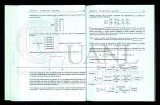 Sustituyendo en el vector de fuerzas |>M] las magnitudes de las cargas actuantes en los
grados de libertad:
[Fu
>1" Ì000"
F
2 0
F
3 = 0
F
4 0
F
5
0
_F
6 _
0
Resolviendo el sistema matricial obtenemos el valor del vector de desplazamientos
solución:
~ 0.58422620
D
u = K
uu • F
u
0.00151895
-0.00035271
0.58245382
-0.00151895
-0.00035094
unidades son en centímetros y radianes
Representando gráficamente este resultado la configuración del marco deformado es:
7777777 /77}777
Conocida la magnitud de todos los desplazamientos de los puntos de control, el problema
ha quedado cinemáticamente determinado y por lo tanto, podemos calcular las fuerzas en
los extremos de las tres barras que forman el marco.
En el caso para estudio descrito en el artículo 4.1.2.4, se propuso calcular las fuerzas en las
barras utilizando una matriz de rigidez de barra de 2 renglones y 2 columnas. Con esta
matriz y los giros en los extremos de las barras se calcularon solamente los momentos
flexionantes en los dos extremos de las barras.
siguiente ecuación para las barras, expresadas sus componentes en el sistema de
coordenadas locales de cada barra:
Mt
IM,
4El 2EI
L L
2El 4EI
L L _
©D +
DyÁ_ _ DyB
L L
Dy,_DyB
L L
Esta ecuación compacta (comparada con la matriz de rigidez de barra de 6x6) nos permitirá
calcular únicamente los momentos flexionantes en los extremos A y B de la barra. Las
fuerzas transversales y axiales deberán calcularse en forma separada, utilizando las
ecuaciones de equilibrio estático de los cuerpos rígidos para las fuerzas transversales y la
rigidez axial para el cálculo de la fuerza axial.
NOTA: Como es sabido, las deformaciones axiales en la barra no generan momentos
flexionantes en la misma (si se ignoran los desplazamientos de segundo orden)
Se deja al lector la tarea de demostrar la validez de esta forma compacta del sistema
matricial para el cálculo de las fuerzas en los extremos de una barra.
Ahora procederemos al cálculo de los momento flexionantes en los extremos de las tres
barras. La matriz de rigidez de barra (en su forma compacta) para las tres barras son
idénticas y su valor numérico es:
* 102,267,900 unidades en kgf - cm
los momentos flexionantes en cada una de las tres barras son:
BARRA í:
M,
M B _
BARRA 2:
~Mj
Mi
BARRA 3:
M t
M,
0 +
-0.00035271 +
0 _ (-0.5842262)
1000 1000
0 (-0.5842262)
1000 1000
286344
214202
0.00035271 +
0.00035094 +
0.00151895 _ (-0.00151895)
1000 1000
0.00151895 (-0.00151895)
1000 1000
-214199
-213837
0+ (-0-58245382)
1000 1000
1000 1000
 