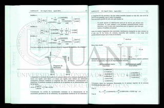 BARRA 1:
M
M,
0 +
0 (-0.58203805)
1000 1000
0 (-0.58203805)
- 0.00034922 +
BARRA 2:
M/
M,
1000
- 0.00034922 +
0
1000
0
285715
214287
-0.00034922 +
1000 1000
0 0
BARRA 3:
M t
M,
1000 1000.
0 (-0.58203805)
- 2 1 4 2 8 4
- 2 1 4 2 8 4
0 +
1000 1000
0 (-0.58203805)
- 0.00034922 + -v
1000 1000
285715
214287
Con estos valores de momentos podemos dibujar el diagrama de momentos flexionantes:
Comparando el momento flexionante en el extremo inferior de la columna izquierda para el
marco con rigidez axial finita y el marco con rigidez axial infinita (no deformable
axialmente) podemos establecer la magnitud del error introducido voluntariamente al
simplificar el problema mediante la aceptación de la hipótesis de no deformabilidad axial
de las barras.
error =
285715
286344
- 1 * 100 = 0.22%
285715
285715
la magnitud de las acciones a las que estará sometida durante su vida útil; este nivel de
error es muy pequeño y por lo tanto es aceptable.
Una conclusión posible de este caso para estudio es:
Se puede ignorar la deformación axial de las barras que forman una
estructura, lo cual conduce a un problema matemáticamente menos
laborioso y por lo tanto más conveniente para el ingeniero que tiene que
realizar el análisis estructural.
Antes de aceptar ciegamente esta conclusión, estudiaremos enseguida un caso extremo en
el que una de las barras (la columna izquierda) está sometida a una carga axial
sustancialmente mayor que el resto de las barras.
A 200,000 kgf
Marco bajo estudio 1000 kgf
10. m
777777/
10 m
7777777"
Aplicando los sistemas matriciales obtenidos en el marco del problema anterior, podemos
calcular los siguientes vectores de desplazamiento solución:
A) Considerando rigidez
Axial finita
B) Considerando rigidez
Axial infinita
Du = D
u =
" 0.88801638
0.71080368
-0.00096029
0.88624399
-0.00107796
-0.00095852
Calculamos ahora los momentos flexionantes en el extremo superior de la columna
izquierda para los casos A y B:
0.58203805
-0.00034922
-0.00034922
Caso A
 