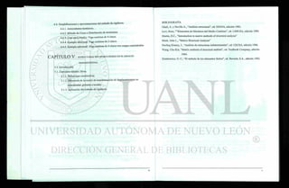 4.4. Simplificaciones y aproximaciones del método de rigideces.
4.4.1. Antecedentes históricos.
4.4.2. Método de Cross o Distribución de momentos.
4.4.3. Caso para estudio: Viga continua de 4 claros.
4.4.4. Ejemplo adicional: Viga continua de 2 claros.
4.4.5. Ejemplo adicional: Viga continua de 4 claros con cargas concentradas.
CAPÍTULO V ESTRUCTURAS TIPO MARCO RÍGIDO EN EL ESPACIO
TRIDIMENSIONAL.
5.0. Introducción.
5.1. Caso para estudio: Mesa.
5.1.1. Relaciones constitutivas.
5.1.2. Obtención de la matriz de transformación de desplazamientos en
coordenadas globales a locales.
5.1.3. Aplicación del método de rigideces.
BIBLIOGRAFÍA
Ghali, A. y Neville A., "Análisis estructural", ed. DIANA, edición 1983.
Levi, Enzo, ""Elementos de Mecánica del Medio Continuo", ed. LIMUSA, edición 1989.
Martin, H.C., "Introduction to matrix methods of structural analysis"
Meek, John L., "Matrix Structural Analysis"
Sterling Kinney, J., "Análisis de estructuras indeterminadas", ed. CECSA, edición 1986.
Wang, Chu-Kia, "Matrix methods of structural análisis", ed. Textbook Company, edición
1966.
Zienkiewicz, O. C., "El método de los elementos finitos", ed. Reverté, S.A., edición 1982.
 