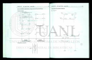 4.2.2.4. EJEMPLO ADICIONAL: Marco Con Un Claro, Dos Niveles
Analizar el marco:
5 k g / c "
irr w v ^ n n
b a r r a 3 31o
i b a r - r a 2
: !o
b o r r o 4
l o
2 k g / c r i
fcarraS 31o
C o r r a l
Io
'T/fr?
b a r r e ó
lo
15 Ton.
10 Ton.
/ 7 T 7 7
5.0
D2
r
D5
D4
D3 f ¿-ni
D6 -D4
°Y  D
Ö
/ 7 / v 7 /T7?7
grados de libertad
0 5 I I
..25 1.25
0 417
1.25
15
0 5
1.25
Estado 1
'Estructura Restringida
0 5
1.25
0 4 1 7
1.25
1.417
1.25
0 5
'1.25
Estado 2
'Estructura liberada
Formación del vector Fu:
Fu =
15
- 0.417
0.417
10
- 1 .25
1 .25
0
0
Liberación de los grados de libertad:
D, = 1
' D
n = 0
12 El 6 e;
 