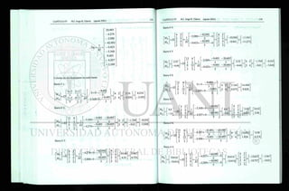 Du = — x
El
20.485
- 4.274
-2.088
- 42.092
- 0.423
- 5 . 3 6 8
9.493
- 4.207
- 2.289
Calculo de los momentos en cada barra:
Barra # 1:
"4x3 2x3"
MÁ
Mi
= El
Barra # 2:
3 3
2 x 3 4 x 3
J _
El
0 + 0
-9.493
5 . 3 6 8 + 0 -
3
-9.493
"4 2 " 3.16 1 " 8.234 "
x =
- 2.492_
2 4 -2.203_ - 2.492_
Mb
Mc
-El
"12 6
- 5 . 3 6 8 +
- 4 . 2 7 4 +
-9.493 -20.485
3
6
3
12
1
x —
El
- 5 . 3 6 8 +
- 4 . 2 7 4 +
3
-9.493
3
-20.485
3 3 _
- 5 . 3 6 8 +
- 4 . 2 7 4 +
3 3
4 2
X
1.704" "-8.036"
2 4 L -0.61 5.848J
Barra # 3 :
M.c
M.
-El
D.
"4 2
- 4 . 2 7 4 + 0 -
-42.092" "4 2"
1
x —
El
- 4 . 2 7 4 + 0 -
-42.092"
— —
5
2
5
4
1
x —
El - 2 . 0 8 8 + 0 -
5
-42.092
=
5
2
5
4
X
_5 5_ 5 _5 5_
"4.144" "5.847"
6.33 _ _6.722_
Barra # 4 :
Md
Me
-El
"4 2
2.088+
-42.092 1 "4 2~
5 5 1
x —
El
2.088+ o
5 5 5 v
"-10.506" -11.941"
2 4
1
x —
El -0.423+
-42.092 2 4
A
_ — 8.841 _ -11.275
_5 5_ 5 _5 5_
Barra # 5:
" 2.22 " x
— +E1 .}
6
ME_ -4.44
.}
6
12
El
-2.289+
•9.493 -20,485
-0.423+
3
-9.493
3
-20.485
2.22
+
4 2
X
-1.704 -8.036
- 4 . 4 4 2 4 L — 0.61 -5.848
Barra # 6:
Mc
M F
-El
"12 6 "
3 3 i
x —
6 12 El
_ 3
0 + 0 -
- 9 . 4 9 3
- 2 . 2 8 9 + 0 -
9.493
4 2
X
3.164
2 4 0.875
14.406
9.828
Barra # 7 :
'Mb " 6 . 4 "
MH_ -1.6_
+ £71
"4 2
5 5 1
x —
El
2 4
1
x —
El
.5 5_
- 5 . 3 6 8 + 0 -
- 4 . 2 0 7 + 0 -
-42.092
5
-42.092
6.4
- 1 . 6
+
"4 2"
5 5 X
"3.05" 10.52"
2 4 4.211_ _2.98_
5 5
Barra # 8 :
M
M
H
D
= E1
"12 6"
3 3 1
x —
6 12 El
_ 3 3 _
4.207 +
- 2 . 0 8 8 +
- 9 . 4 9 3 -20.485
3
- 9 . 4 9 3 -20.485
"4 2" "-0.693" "0.08"
X =
4.318
2 4_ 1.426 _ 4.318
Barra # 9 :
"4 2"
=
"10.416"
+E1 5 5 1
x —
_MF_ — 10.4 6_
+E1
2 4
_5 5_
El
- 4 2 0 9 2 A
-4.207+ 0
„ - 4 2 0 9 2 _
—2.289+ 0
"4 2"
10.416"
+ 5 5 X
"-12625 "-3.967"
-10.416
+
2 4 -10.707_ - 24.03_
.5 5_
 